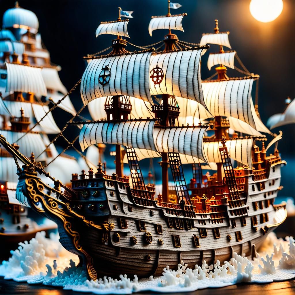 Detailed White Pirate Ship Diorama on Stormy Sea