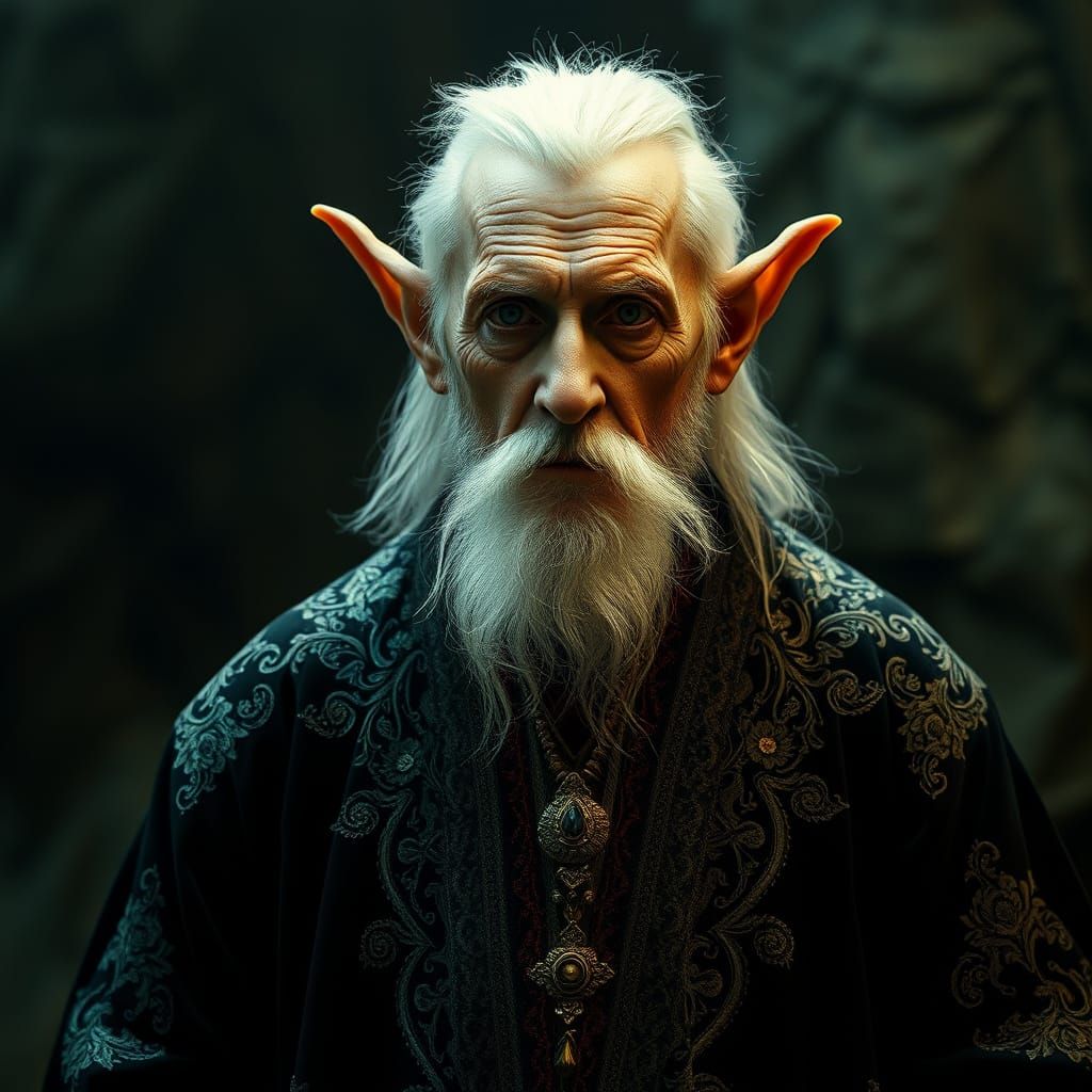 Victorian High Elf Elder Portrait in Noir Cinematic Style