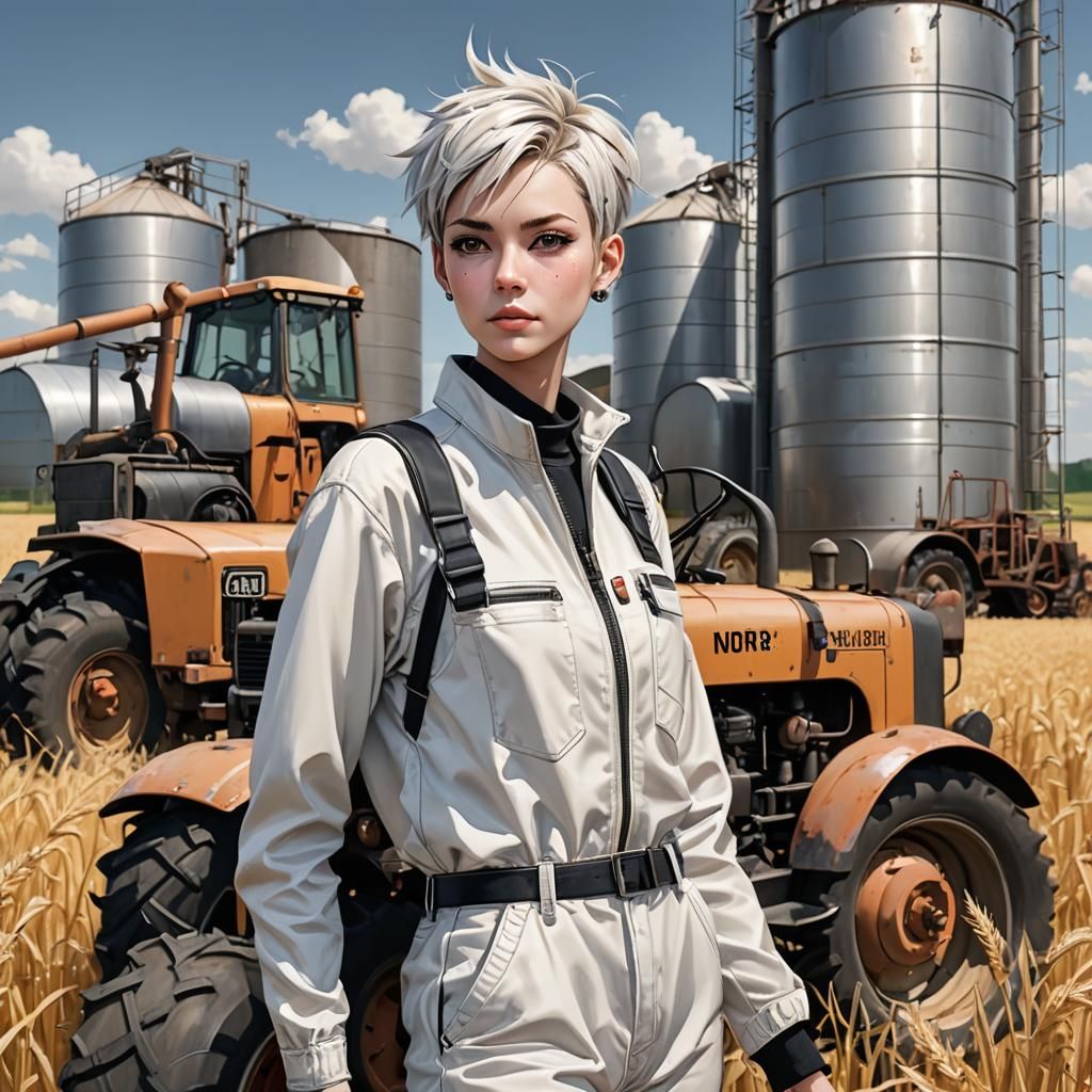 Anime Style Supermodel on Tractor in Grain Field