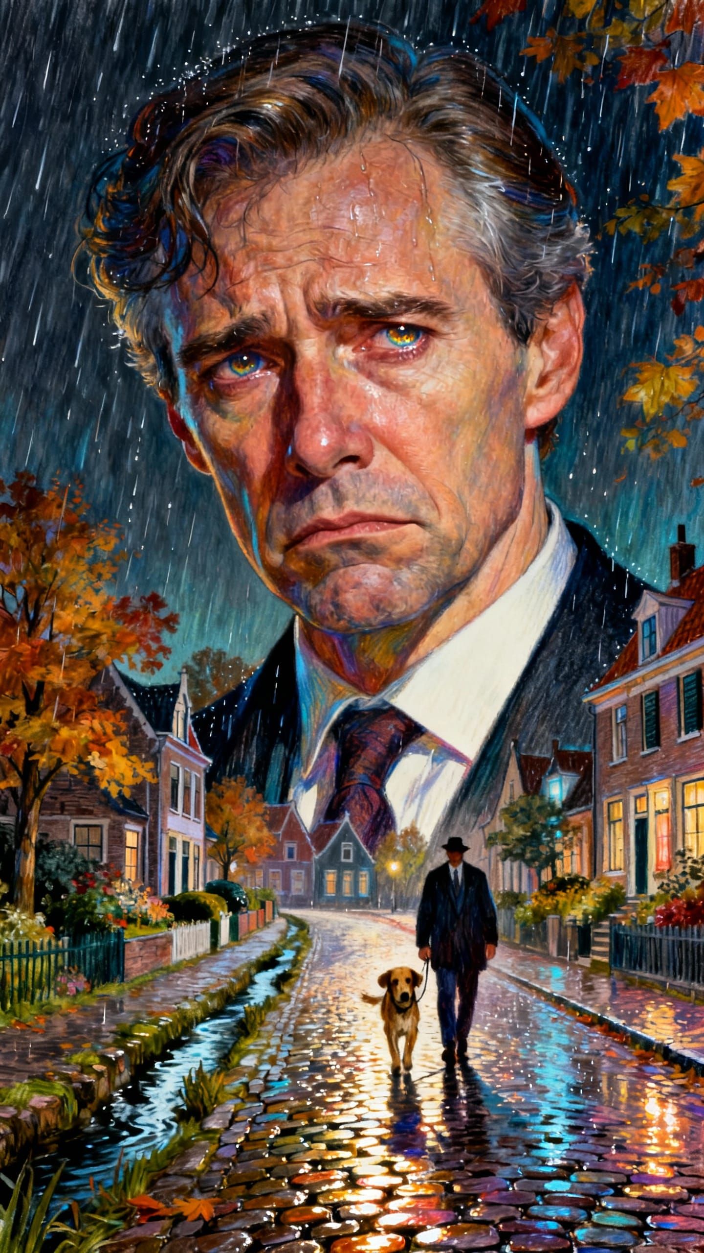 Sad Man Walking Dog in Autumn Rain