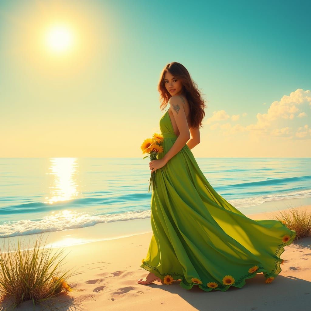 Sunrise Beach Woman with Sunflowers: Hyperrealistic Art