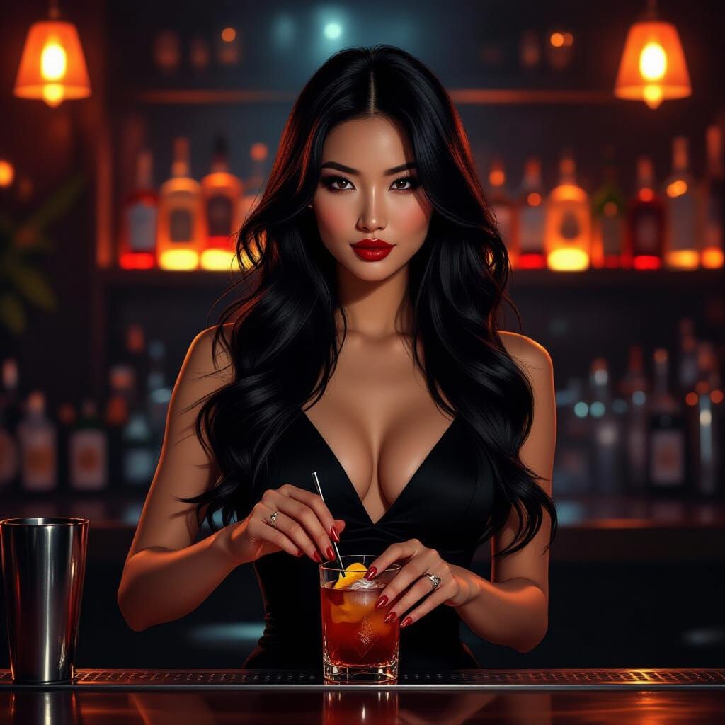 Asian Bartender Mixes Cocktail in Film Noir Style