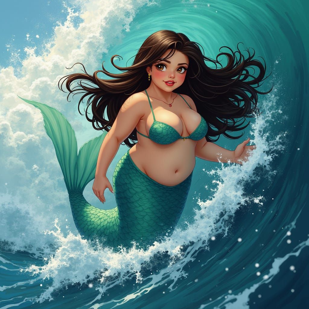 Vibrant Mermaid Riding Wave of Joy in a Dreamlike Oceanic Da...