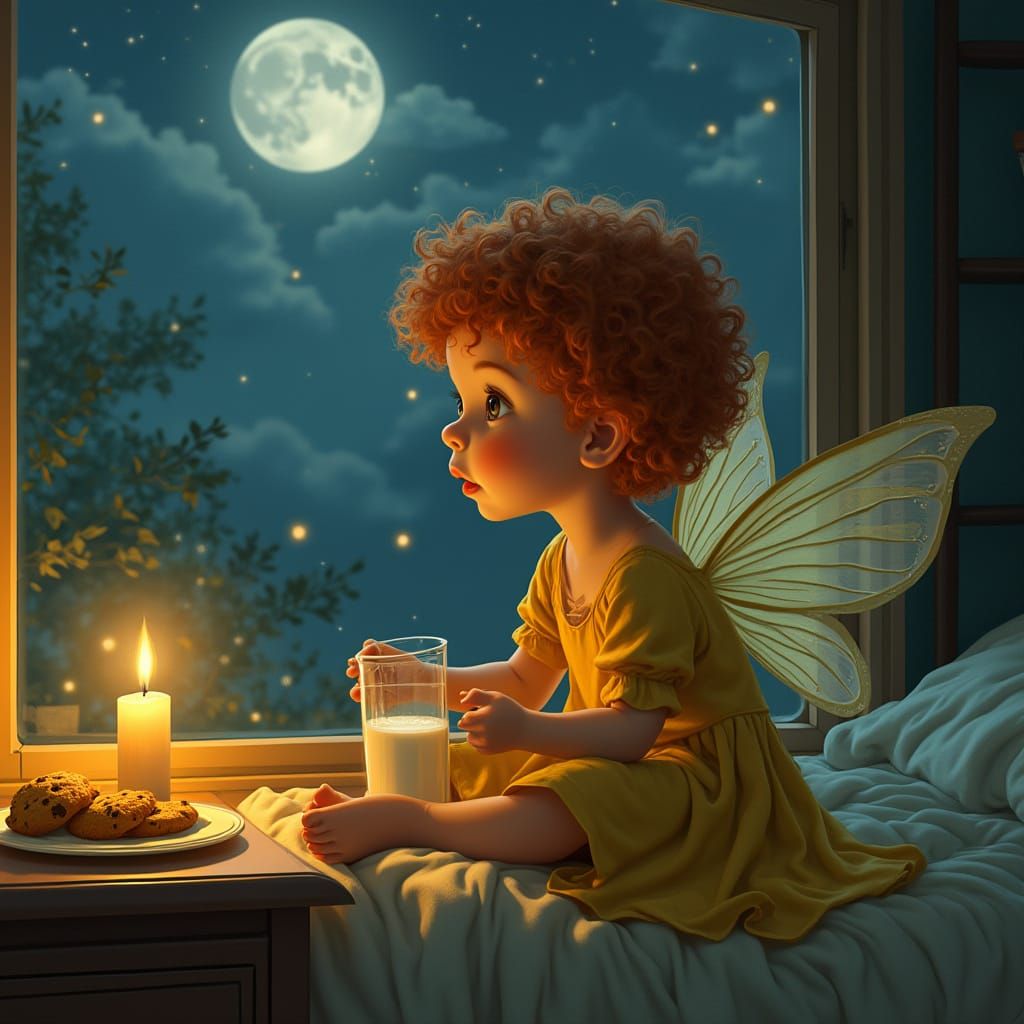 Hyper Realistic Child with Fairy Wings by Moonlit Window