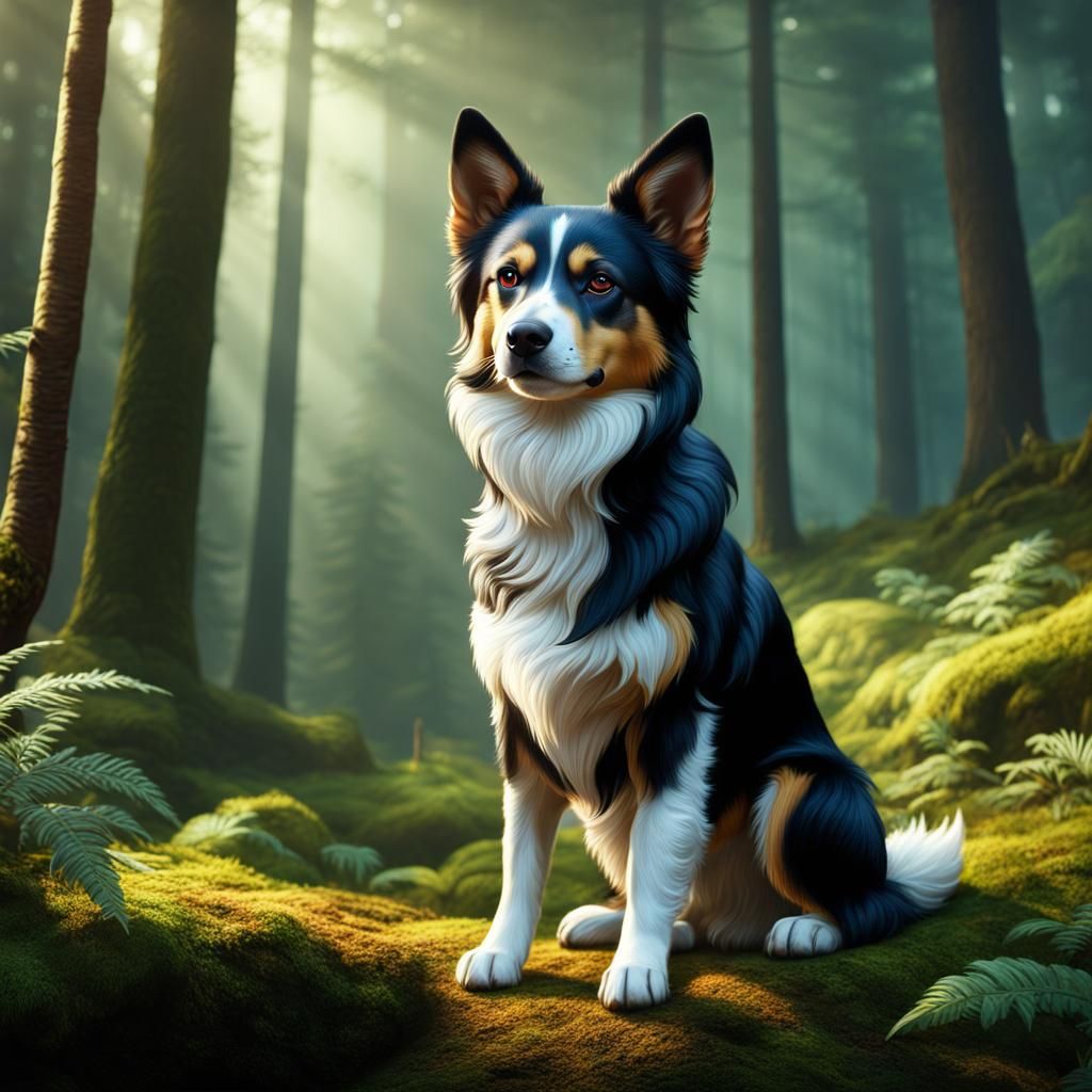 Photorealistic Dog in Atmospheric Woodland Fantasy Art