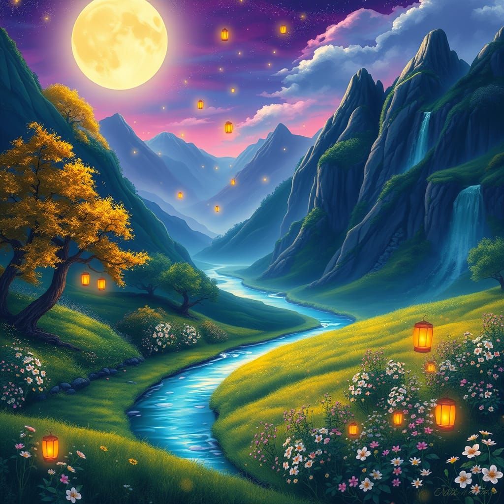 Enchanted Valley at Twilight with Luminous Flowers