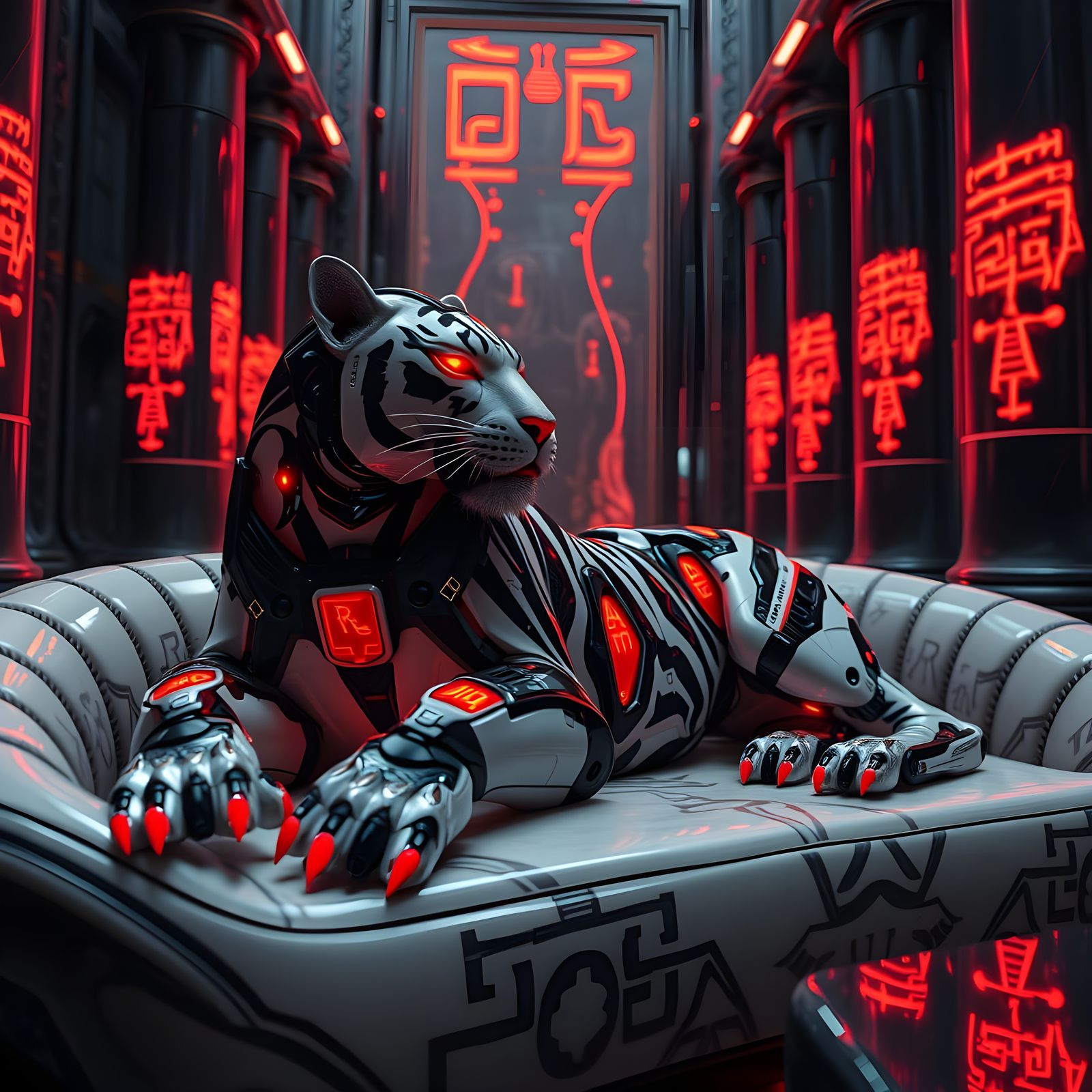 Cyberpunk Egyptian Tiger Reclines in Futuristic Temple