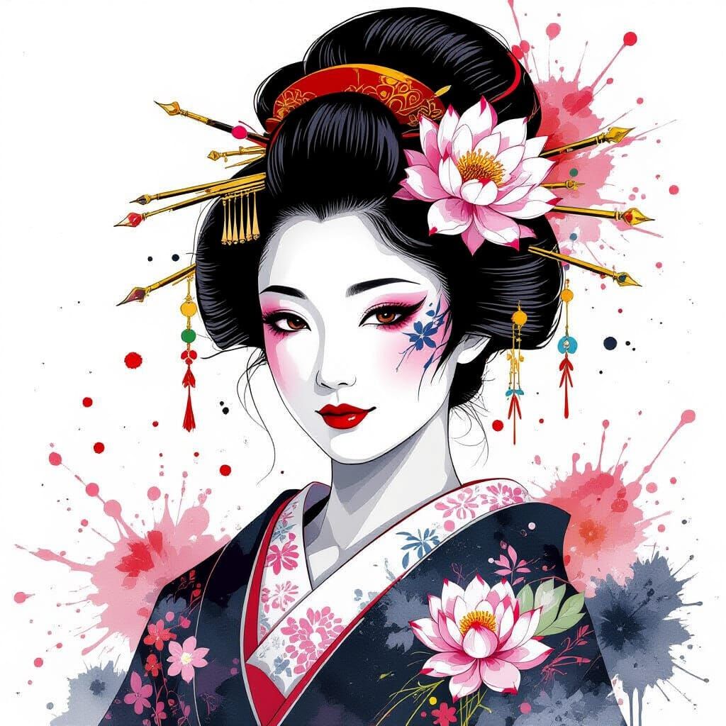 Ink Splatter Geisha with Tori Gate and Lotus