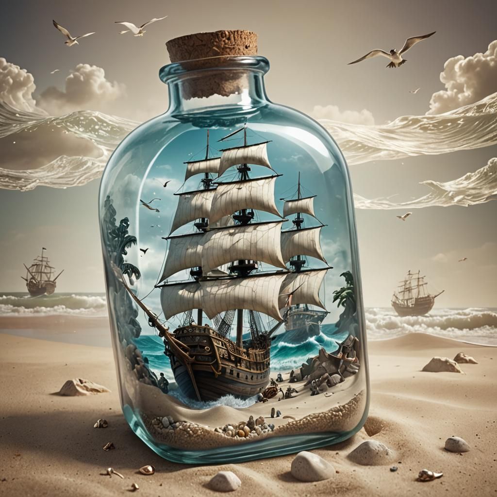 A realistic pirate ship in the ocean inside a glass bottle o...