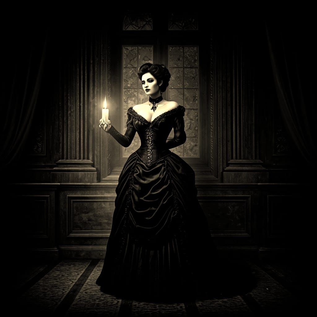 Gothic Victorian Vampire Woman in Ancient Mansion
