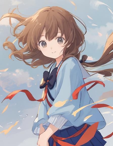 Anime Schoolgirl with Flowing Brown Hair in Manga Style