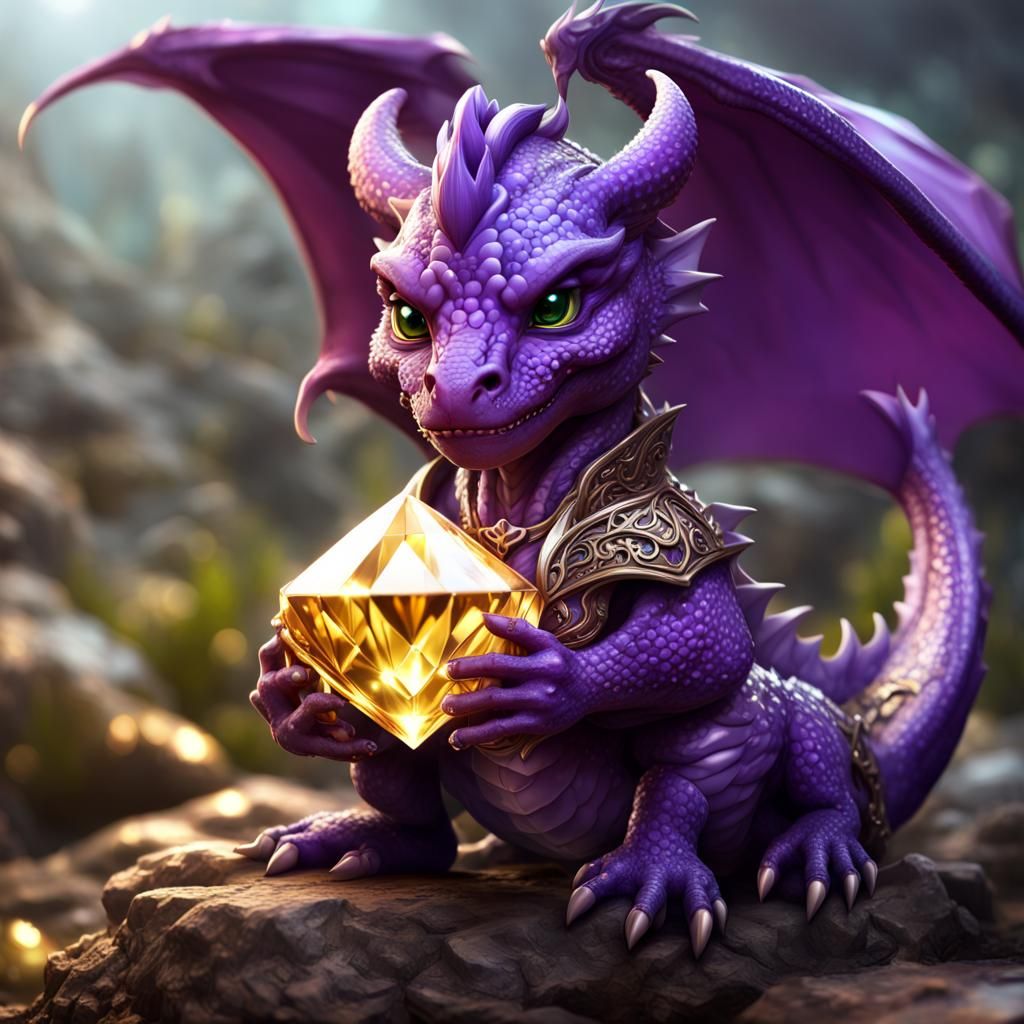 Hyperdetailed Baby Dragon with Diamond, Dark Fantasy Art