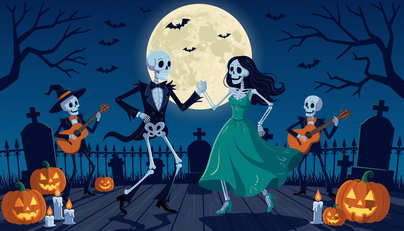 Spooky Skeletons Dancing in Moonlit Graveyard