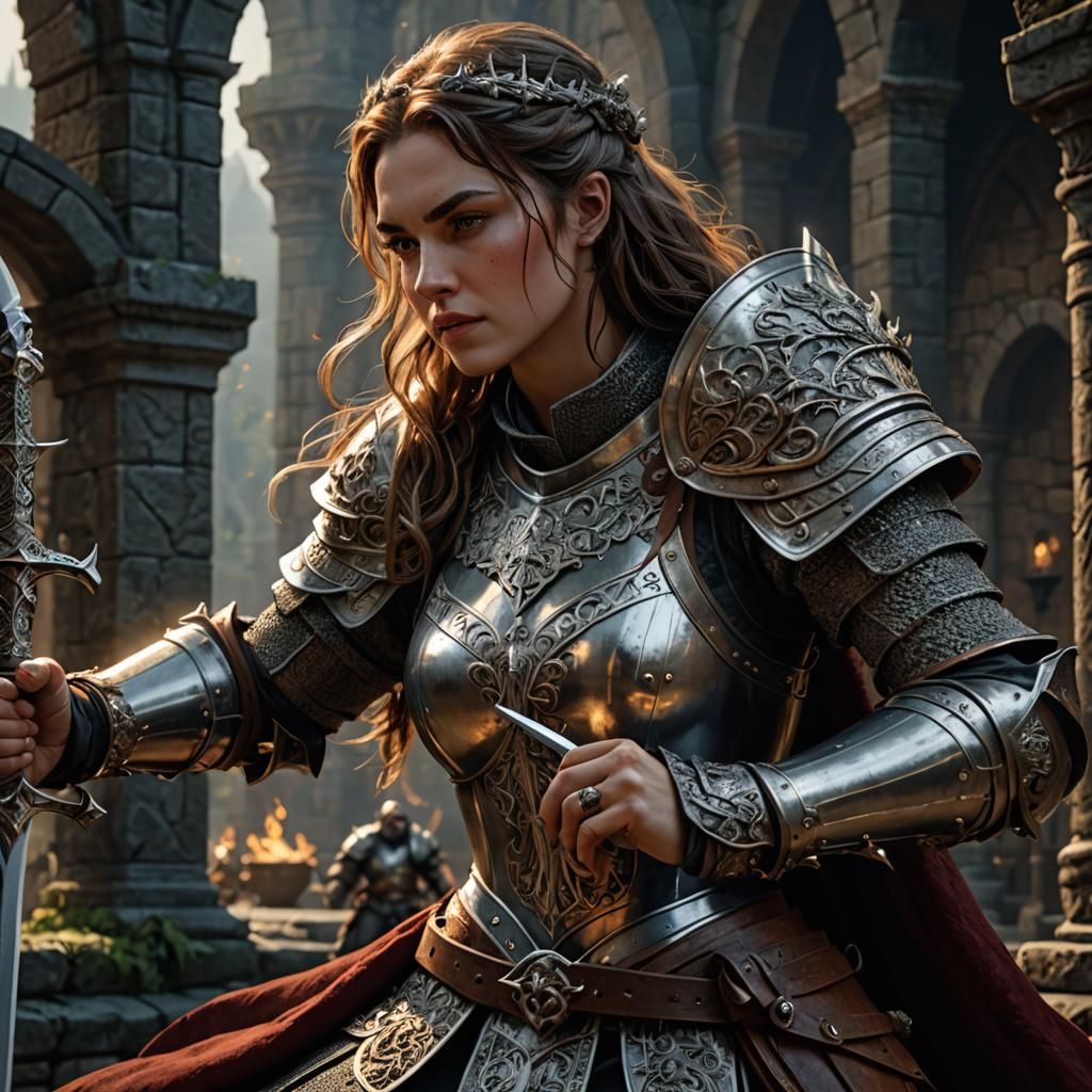 Lady searching for enemies hidden in the ruins of the conquered city...