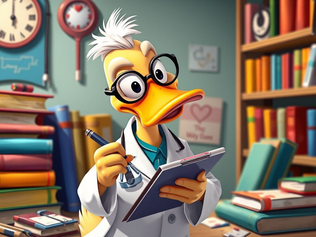 Cartoon Duck Doctor in Whimsical Medical Scene