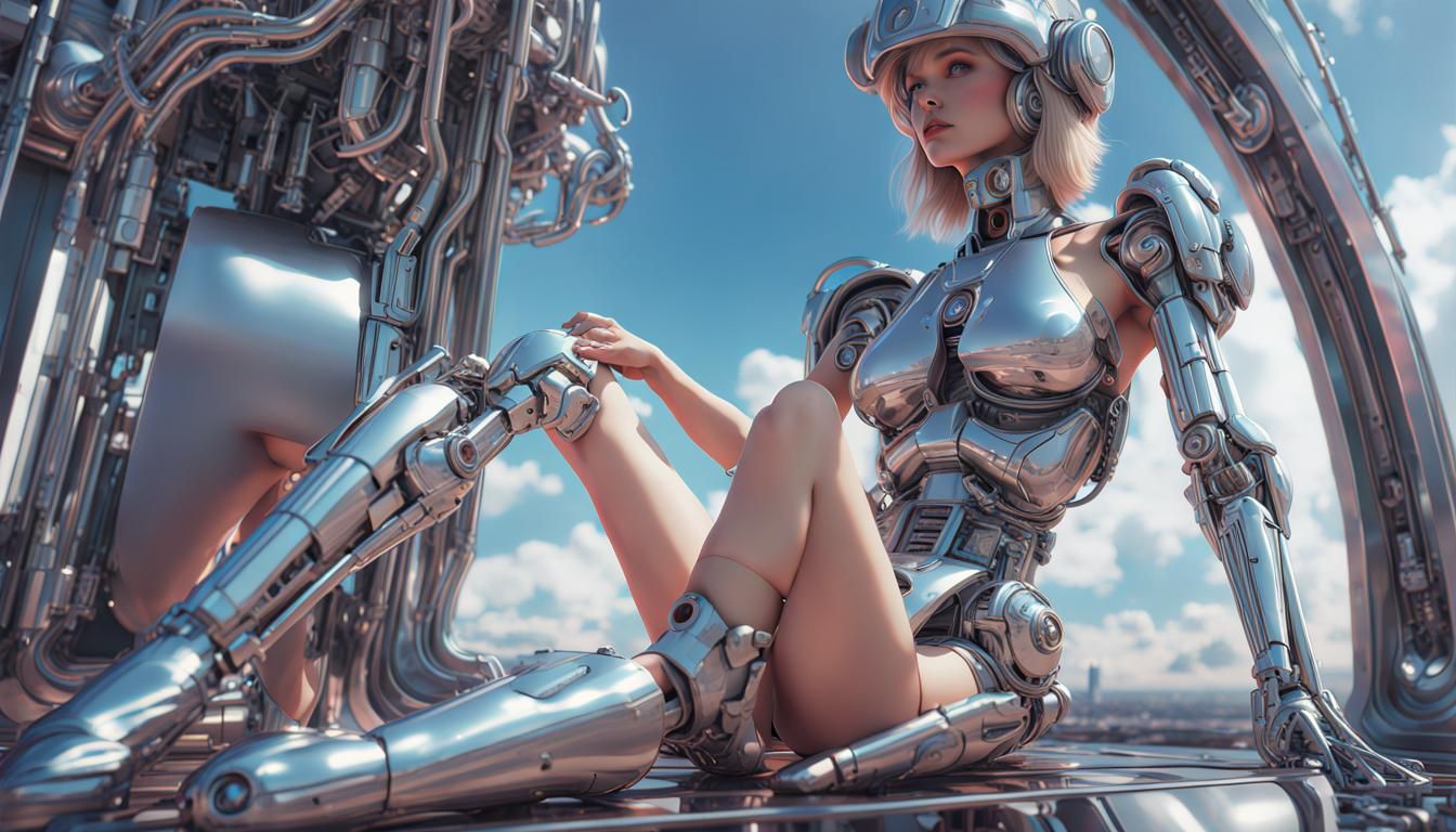Sensual Robot Girl in Retro Sci-Fi Landscape