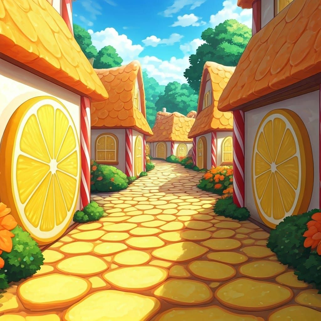 Whimsical Lemon Slice Village in Vibrant Manga Style