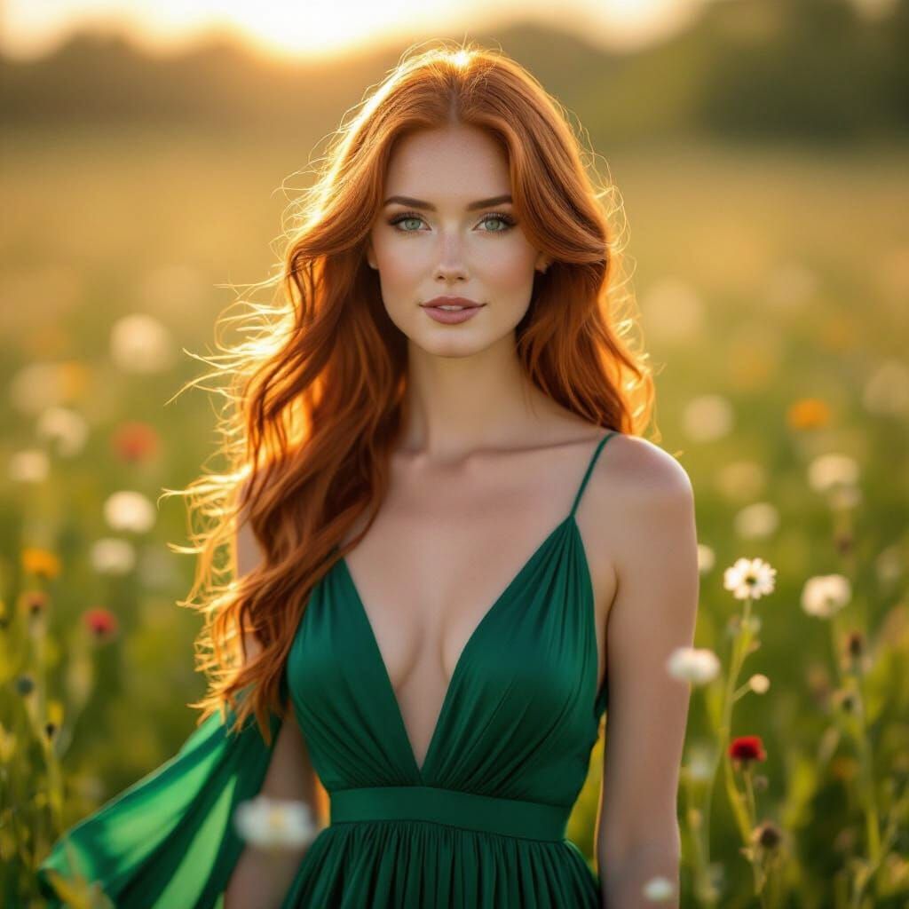 Woman in Emerald Dress in Wildflower Meadow at Golden Hour
