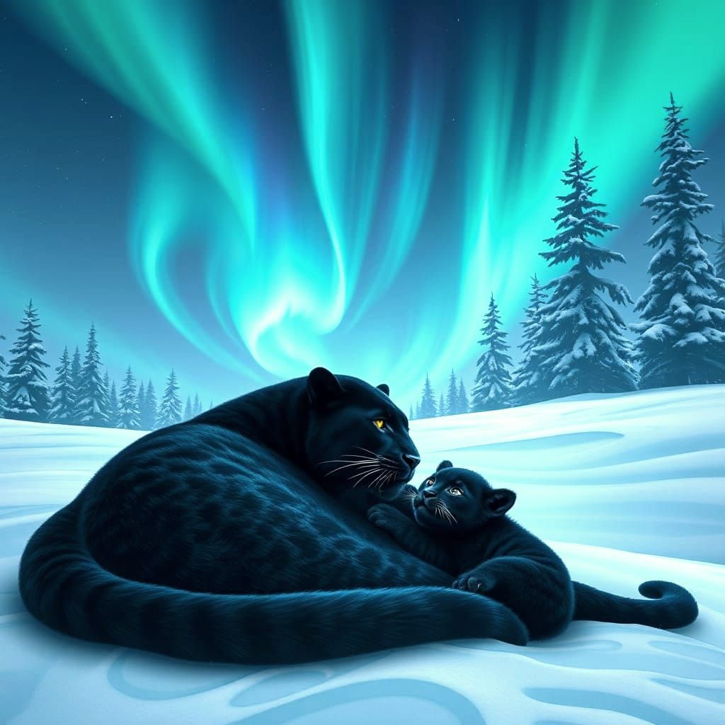 Majestic Black Panther Mother and Cub in Winter Wonderland