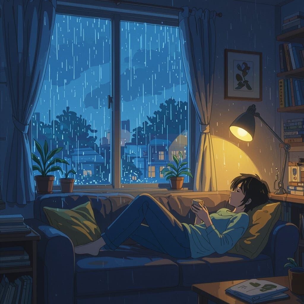 Cozy Anime Room Interior With Rain and Desk Lamp Glow