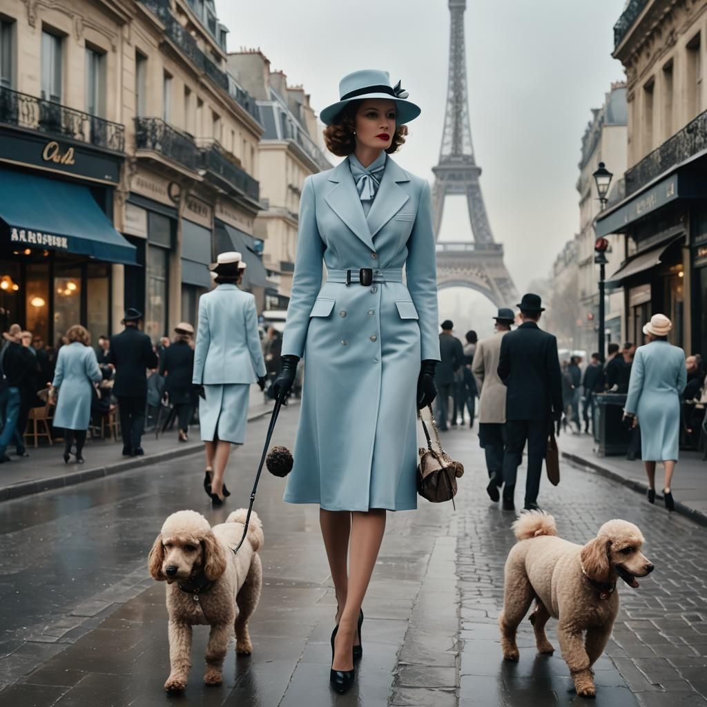 French Woman Walking Poodles in Film Noir Style