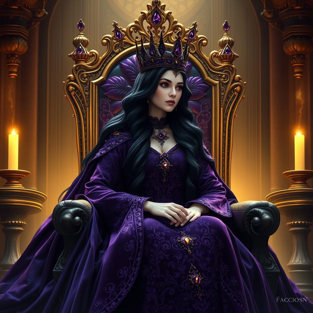 Mystical Amethyst Queen Reigns in Dark Fantasy Throne Room