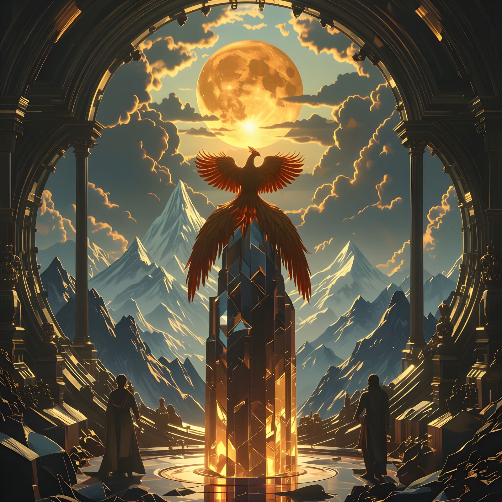 Majestic Phoenix on Crystal Mountain Under Twin Suns