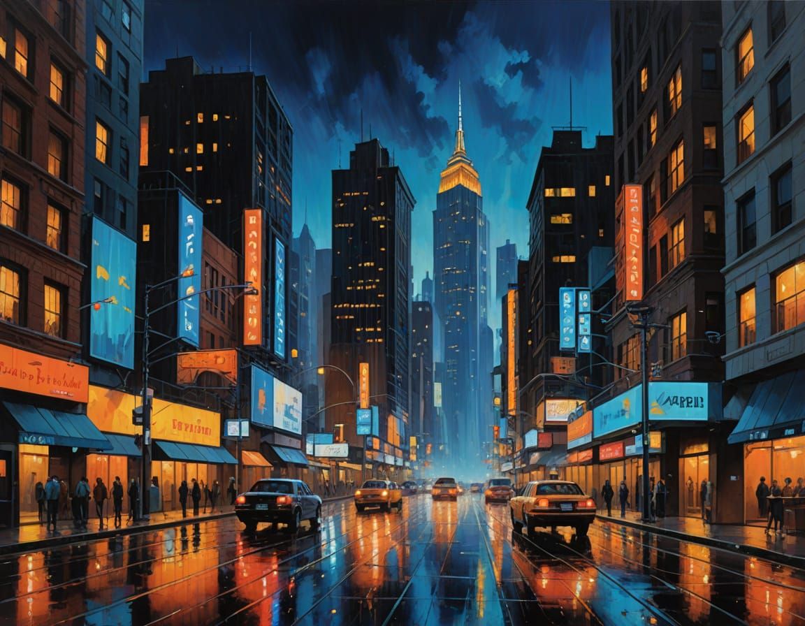 Futuristic Cityscape at Night in Vibrant Oil Painting Style