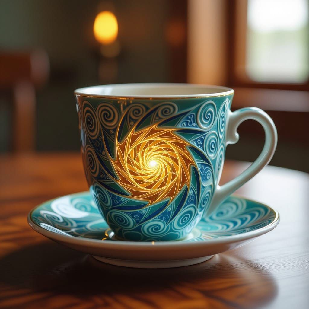 Coffee Cup with Geometric Patterns in Futuristic Style
