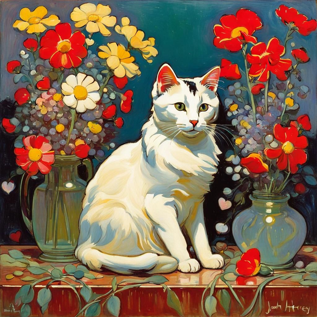 Cat Surrounded by Flowers in Early 20th-Century Style