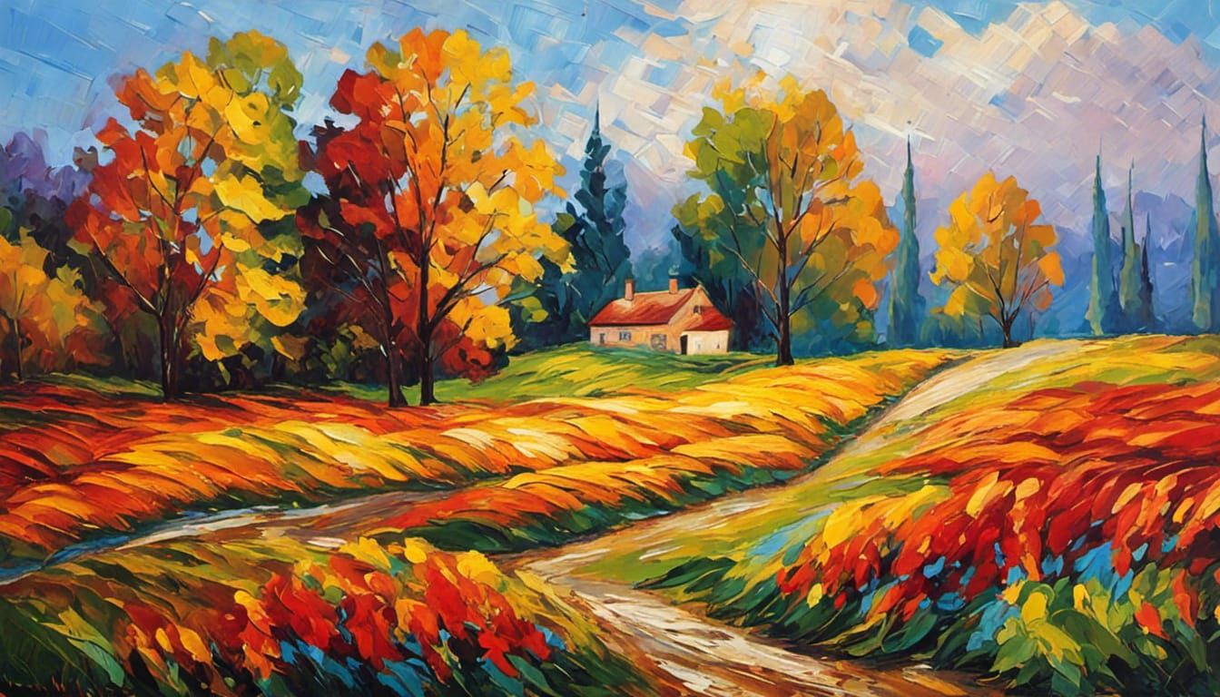 Mountain Landscape Painting in Neo-Impressionism Style