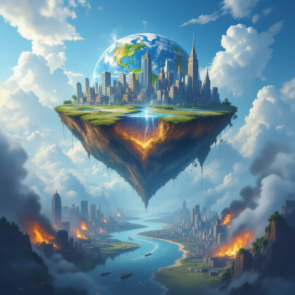 Floating City Above Destroyed Earth in Fantasy Art