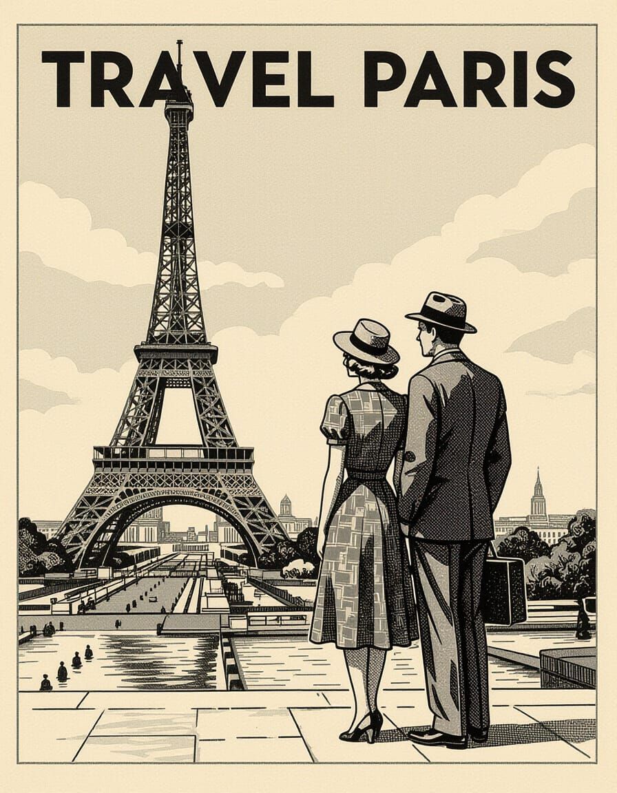 Vintage Paris Travel Illustration with Eiffel Tower