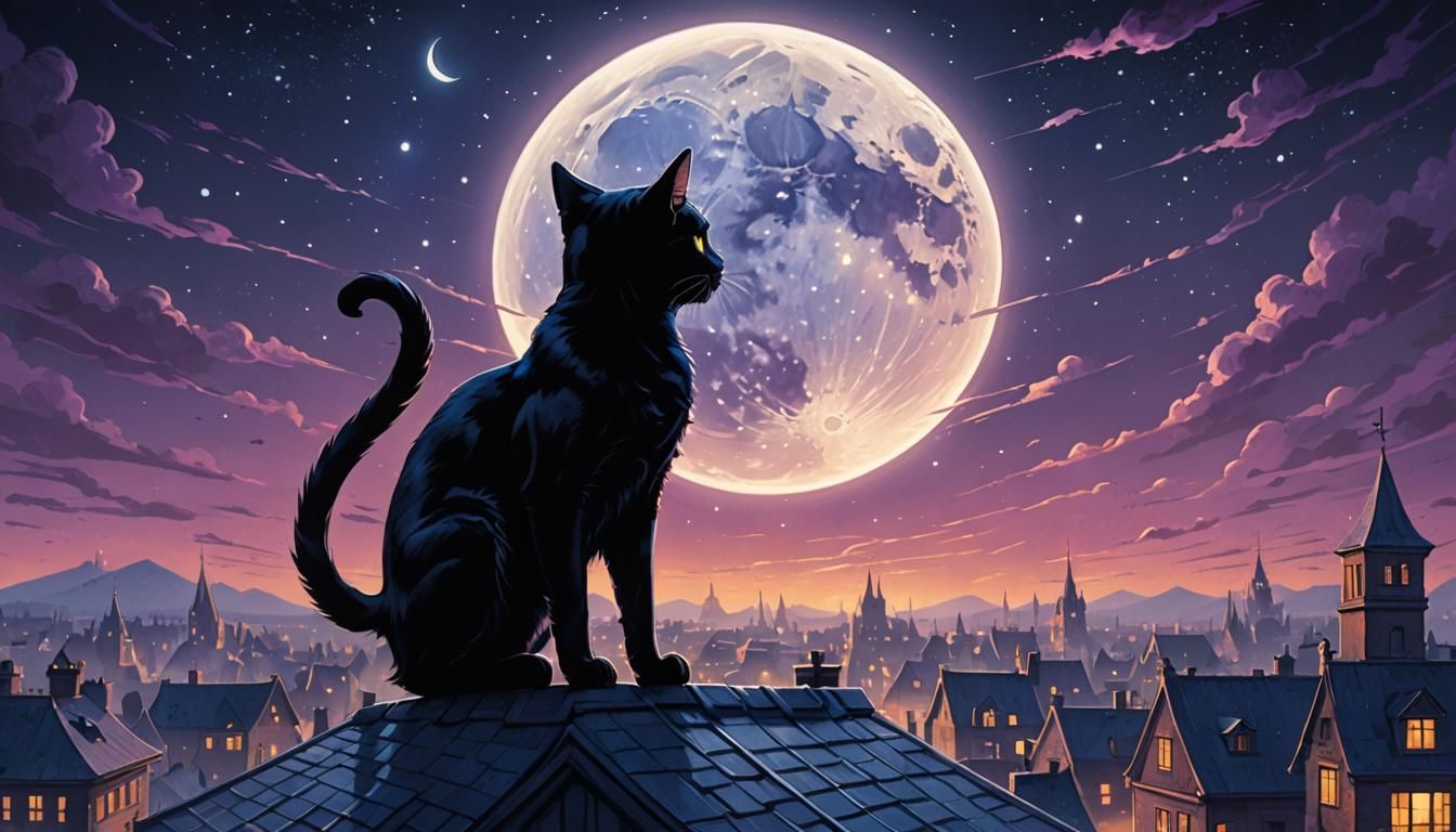 Black Cat Silhouette on Rooftop in Comic Book Art