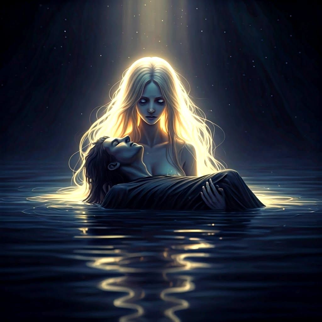 Ethereal Siren Saves Dying Lover in Moonlit Water