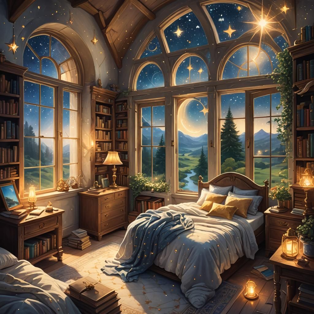 Magical Bedroom with Starlit View, Fantasy Matte Painting