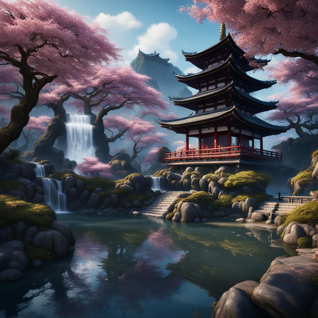 Japanese Buddha with Cherry Blossoms in Fantasy Art
