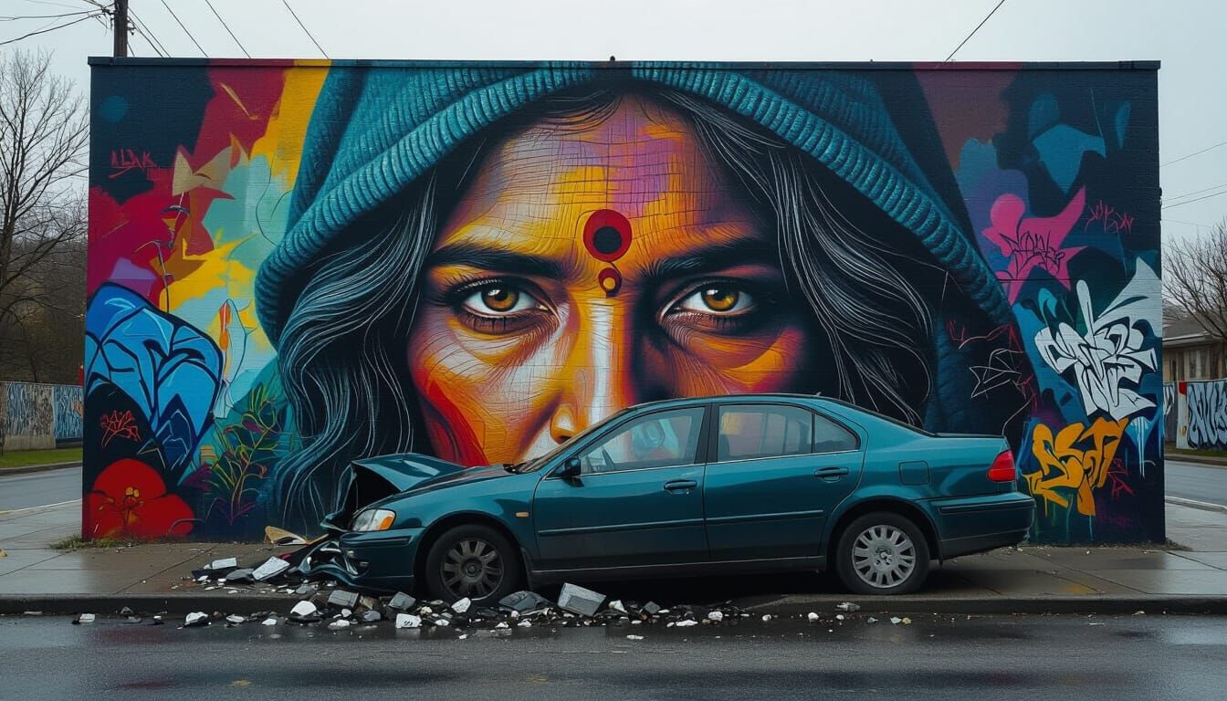 Car Crash on Graffiti Alley in Hyperrealistic Style