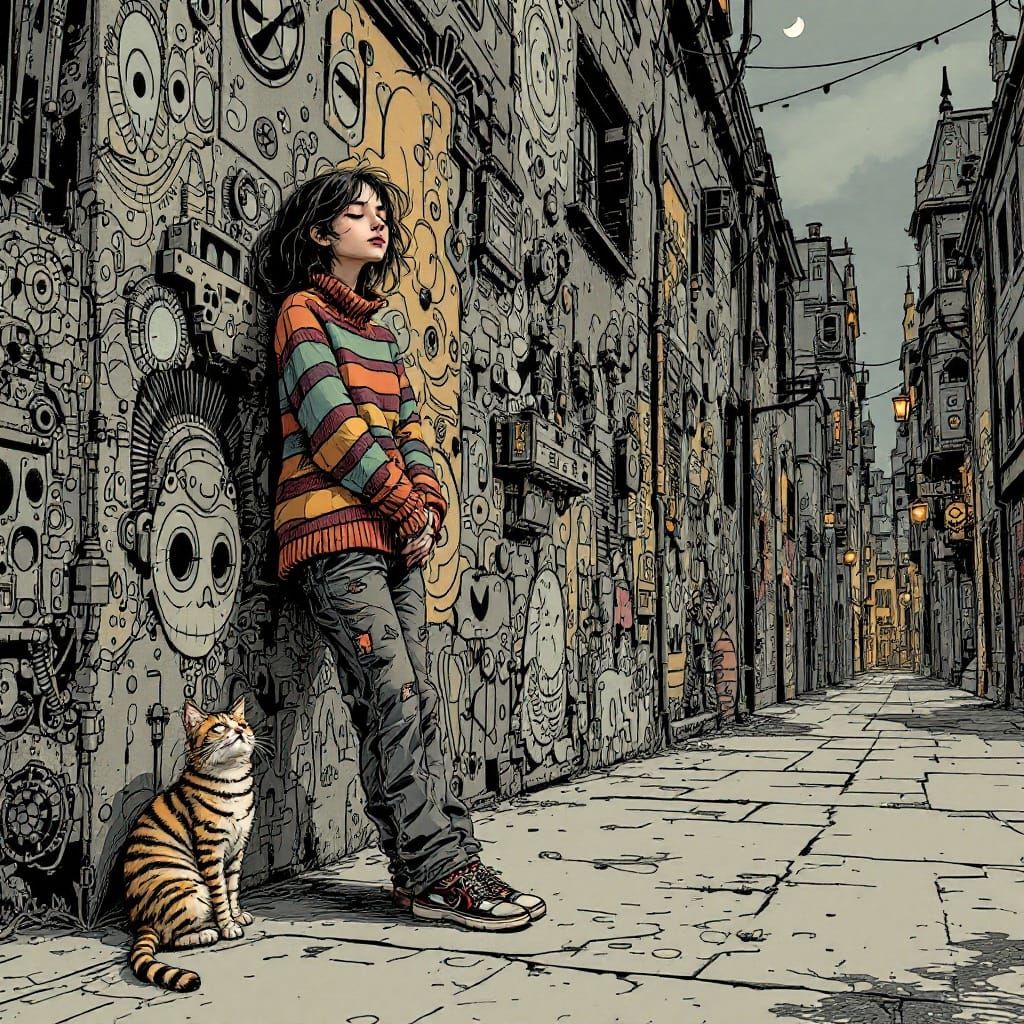 Surreal City Dreamscape with Whimsical Cat Companion