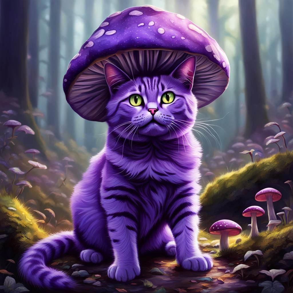 Whimsical Purple Cat with Mushroom Hat
