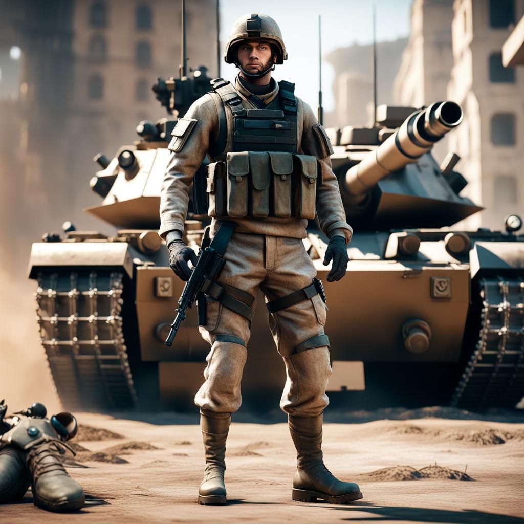 Epic 3D Army Soldier in Battle Scene