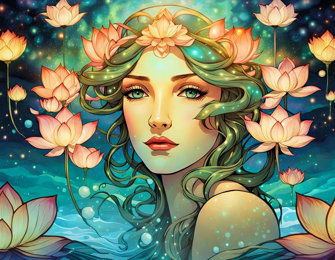Mystical Siren Behind Luminescent Lotus Flower