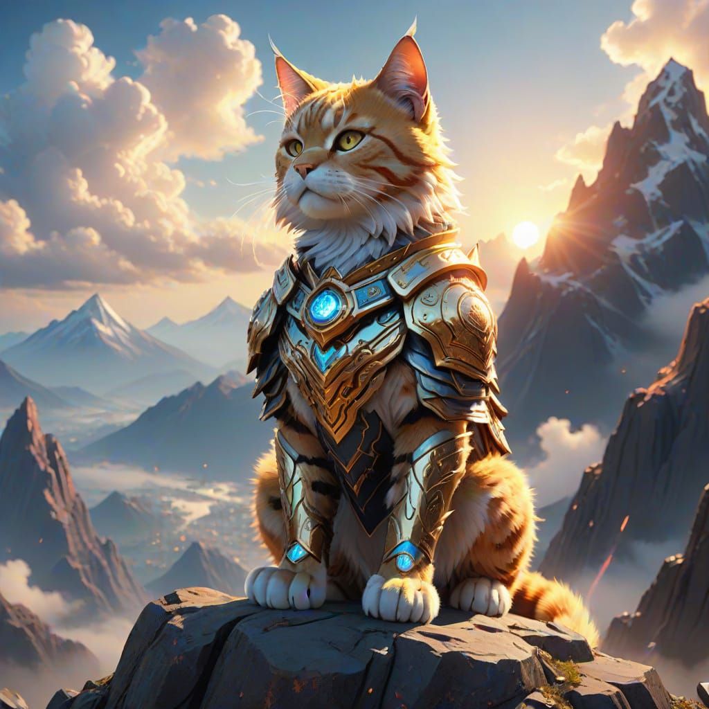 Majestic Cat Warrior in Cyberpunk Fantasy Aesthetic