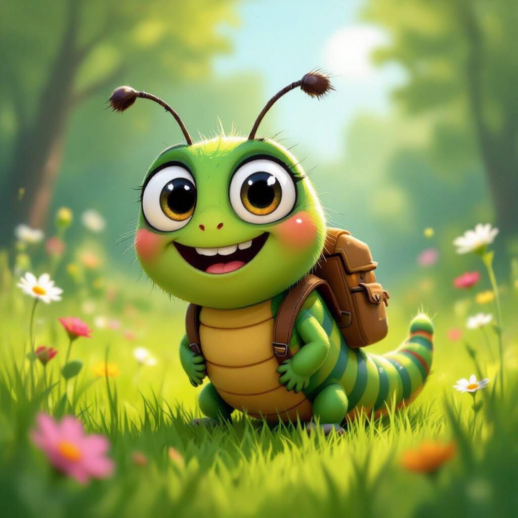 Cheerful Cartoon Caterpillar on Vibrant Meadow