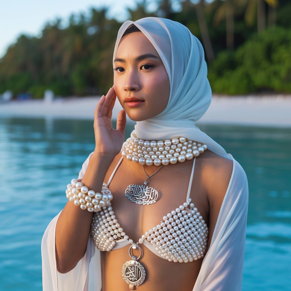 Elegant Pearl Bikini Portrait on Tropical Beach