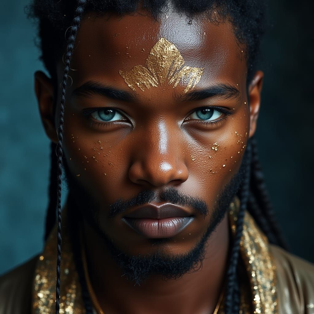 Handsome Black Warrior with Braided Hair, Blue Eyes