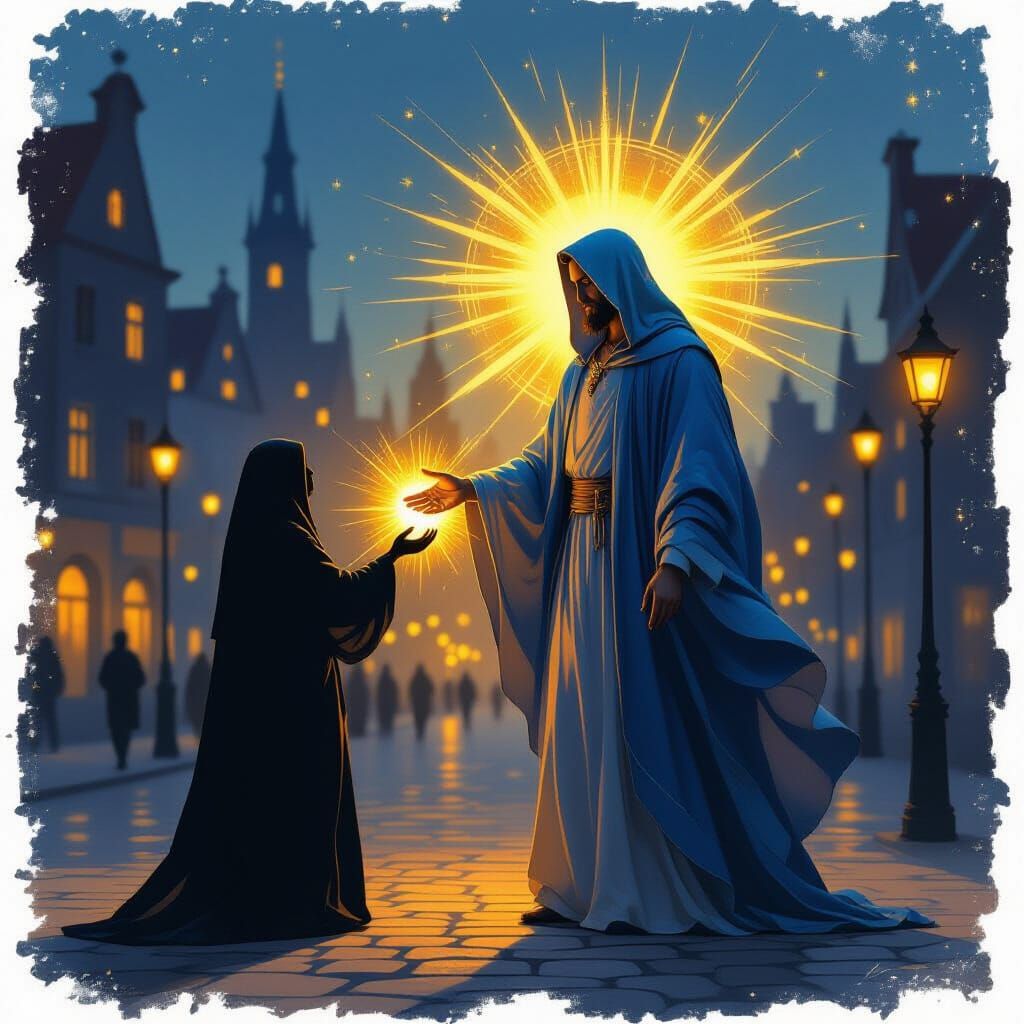 Hopeful Hand Reaches Out to Shadowed Figure in City