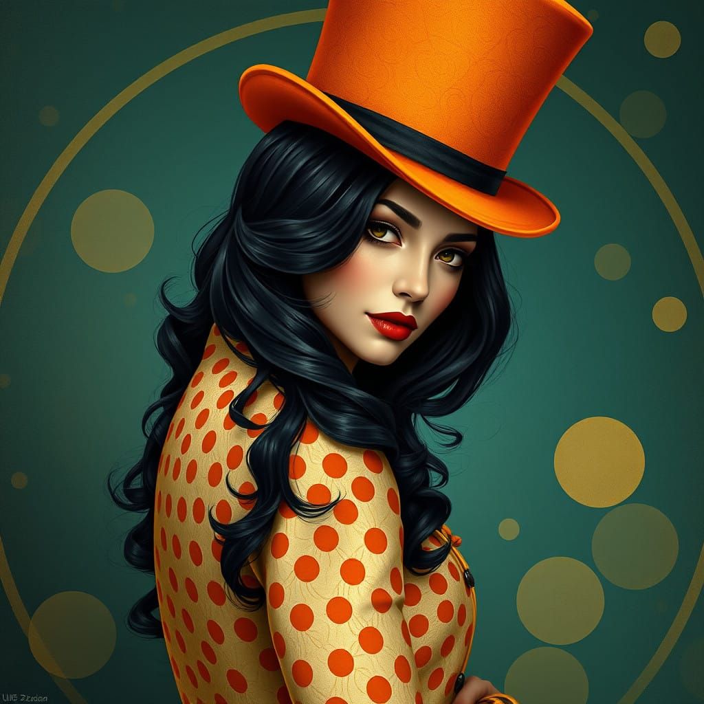 Elegant Art Nouveau Lady in Orange Top Hat with Polka Dot Co...