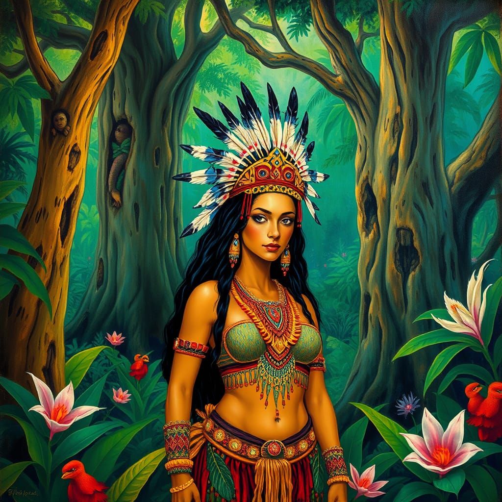 Mystical Amazonian Warrior in Primitivist Style
