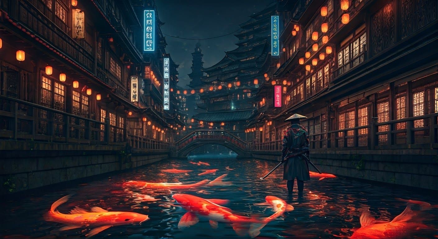 Cyberpunk Samurai in Neon City During Lantern Festival